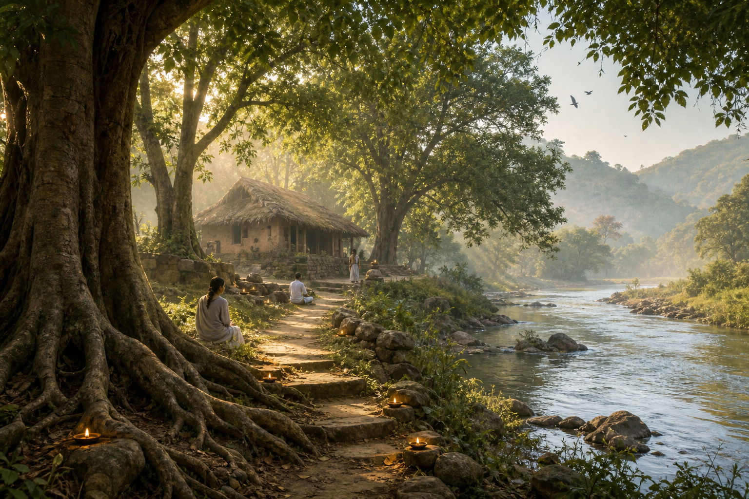 Pilgrims walk through a tree-shaded sacred landscape with a hermitage, stone river steps, and distant hills.