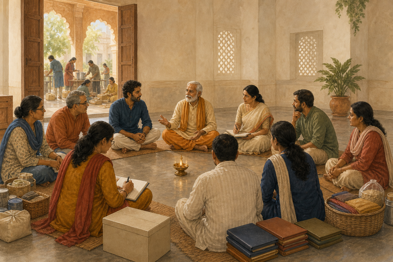 A spiritual guide and community organisers sit in a circle around a lit brass lamp while volunteers prepare aid supplies in a nearby courtyard.