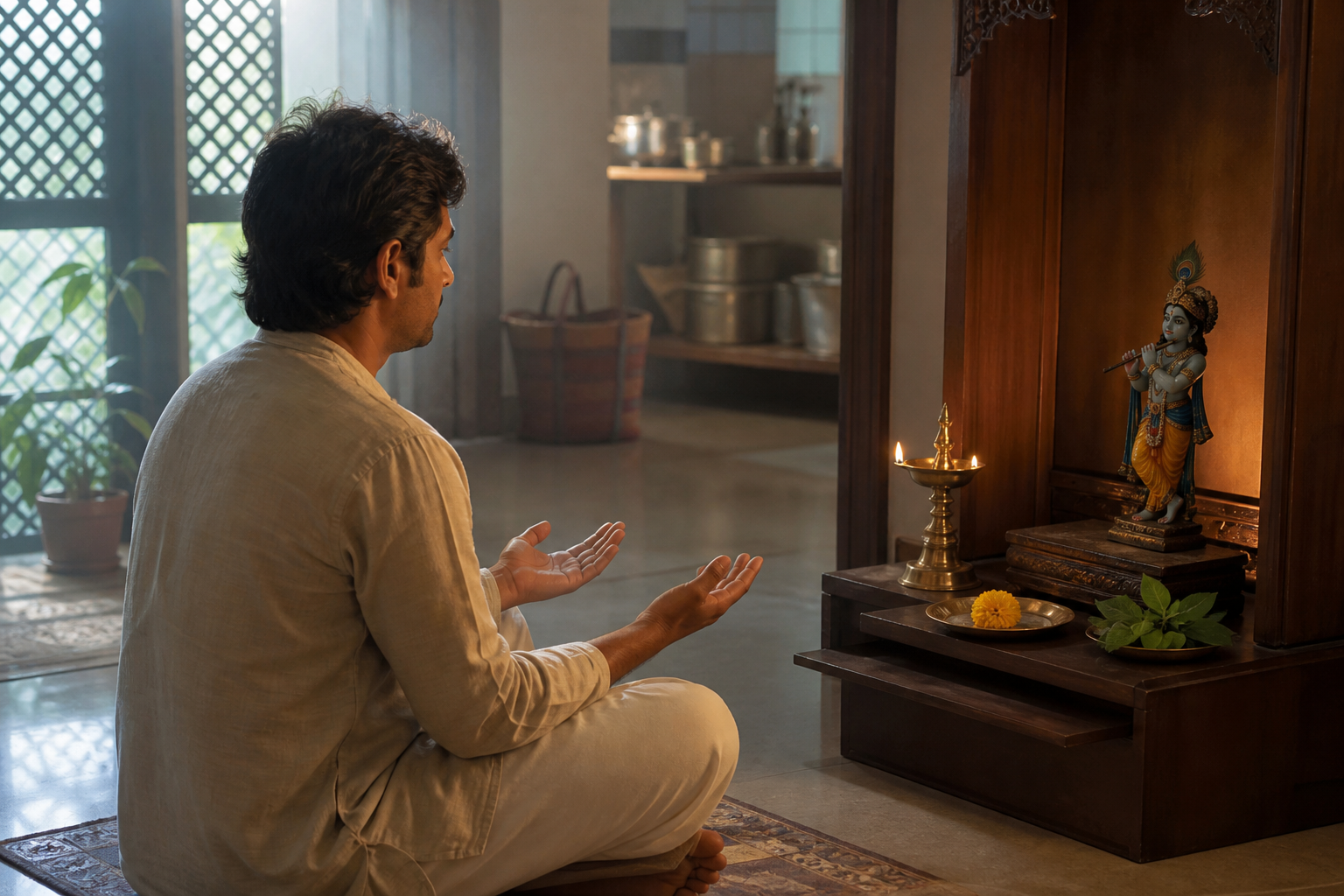 A householder sits with open palms before a small Krishna altar illuminated by an oil lamp and morning light.