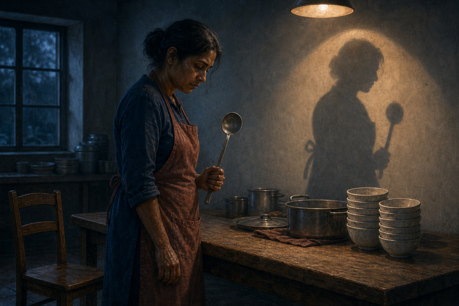 An exhausted volunteer grips a serving ladle in an empty community kitchen, with their shadow merging into the shapes of the ladle and apron.