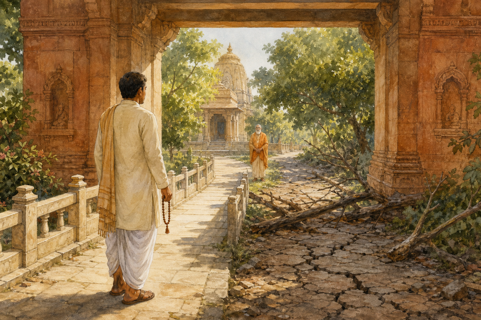 A practitioner pauses at a temple gateway to examine a safe sunlit path and a visibly obstructed path while a teacher waits in the distance.