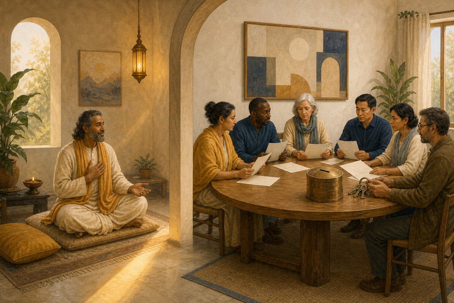 A spiritual teacher offers counsel beside a meeting table where an independent committee holds documents, a donation container and facility keys.