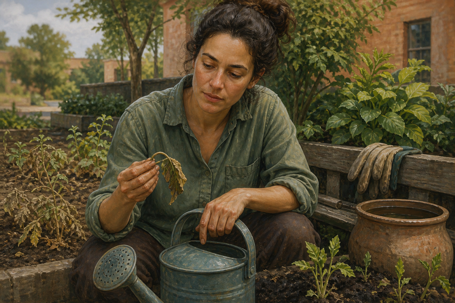 A tired gardener pauses in a courtyard to examine a wilted leaf among plants showing dry soil, healthy foliage, and new growth.
