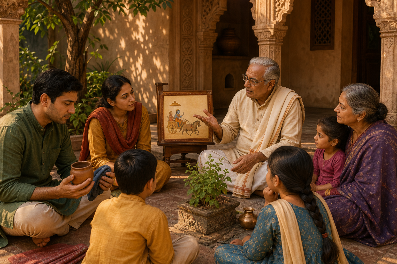 An elder tells a sacred story to a multigenerational family gathered in an Indian courtyard around a small devotional image.