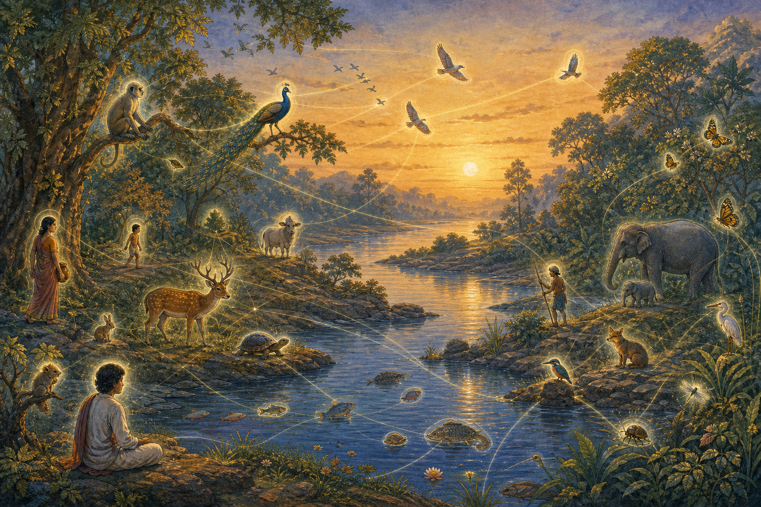 Humans, animals, birds, insects, trees, and aquatic creatures occupy a shared riverside landscape, each surrounded by a separate glow and linked by reflected light.
