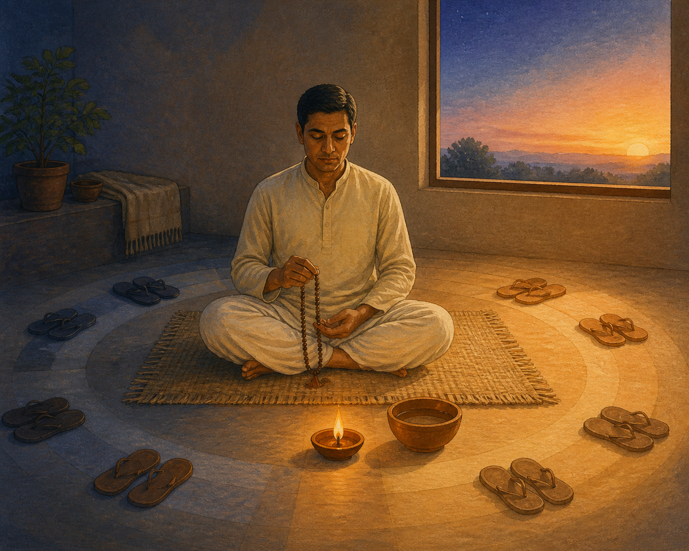 A practitioner performs morning mala practice in a simple room as overlapping changes in dawn light suggest repetition over many days.