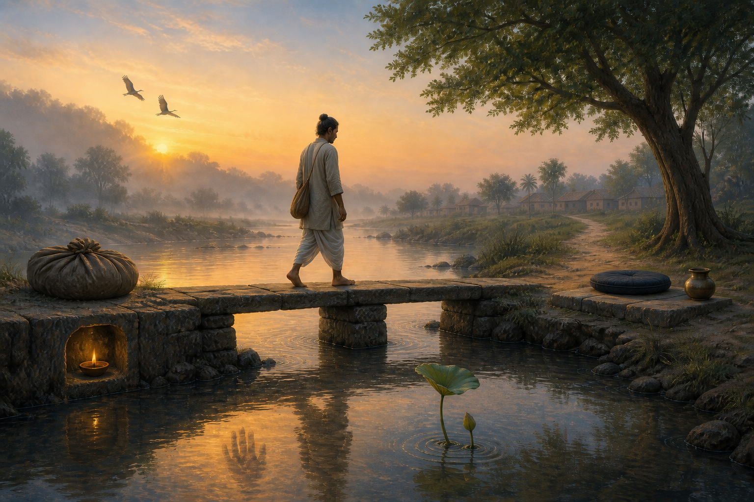An adult carrying a small bag crosses a stone river passage at sunrise, leaving a heavy bundle behind as a lamp, lotus leaf, birds, and distant tree frame the journey.