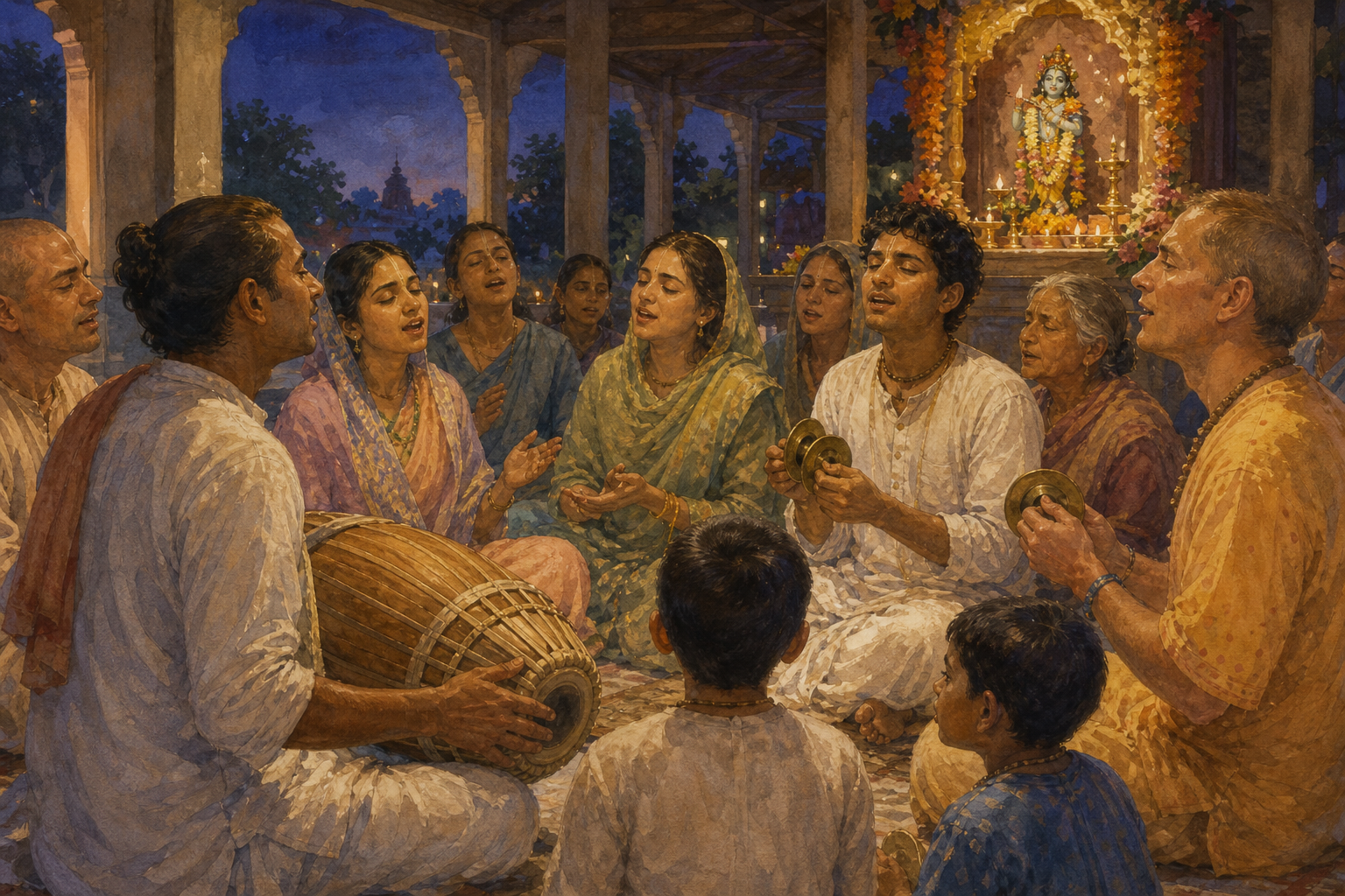 Devotees sit in a circle singing kirtan with a drum and hand cymbals before a softly lit Krishna shrine.