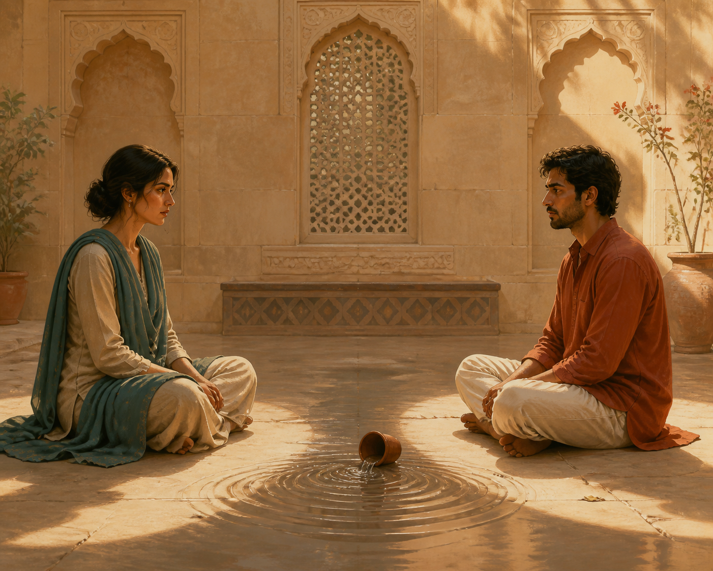 Two people face each other as equals in a courtyard beside an overturned clay cup, with separate pools of light surrounding them.