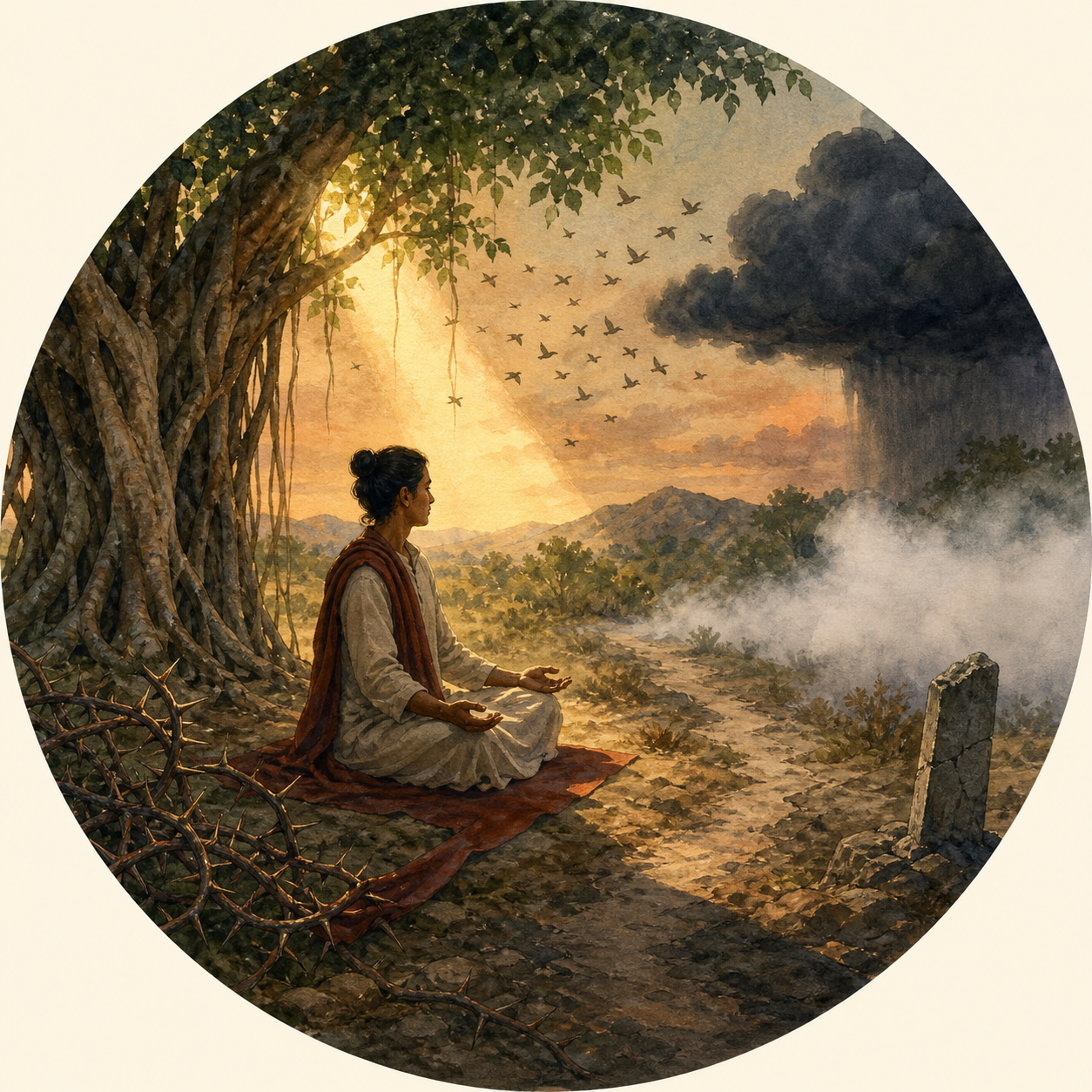 A seated practitioner observes thorny vines, mist, circling birds, and a dark storm cloud around a banyan tree.