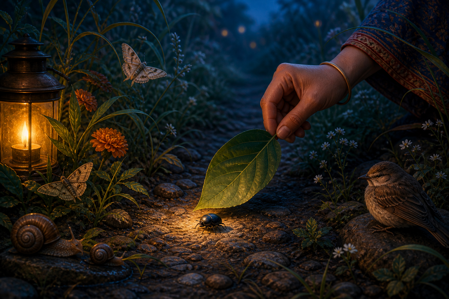 A person uses a leaf to move a beetle safely from a garden path while moths, snails, grasses, and a bird surround the scene.