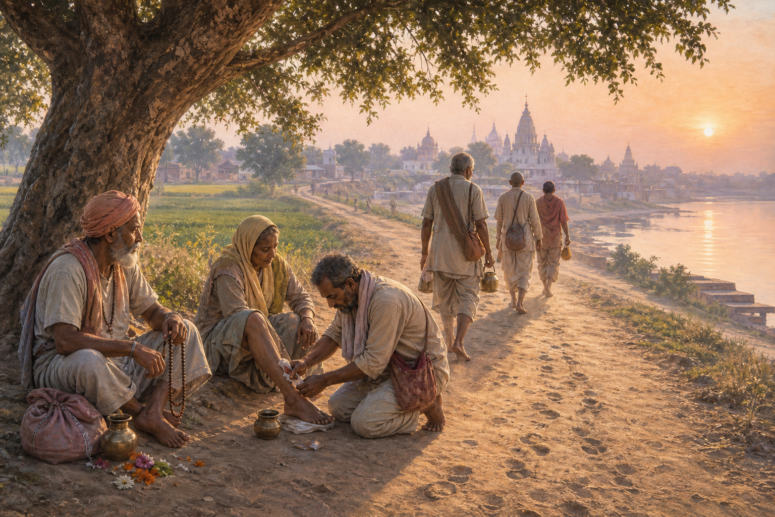 Pilgrims pause beneath a tree on a riverside path while one tends another's foot, with distant temples visible in the sunrise haze.