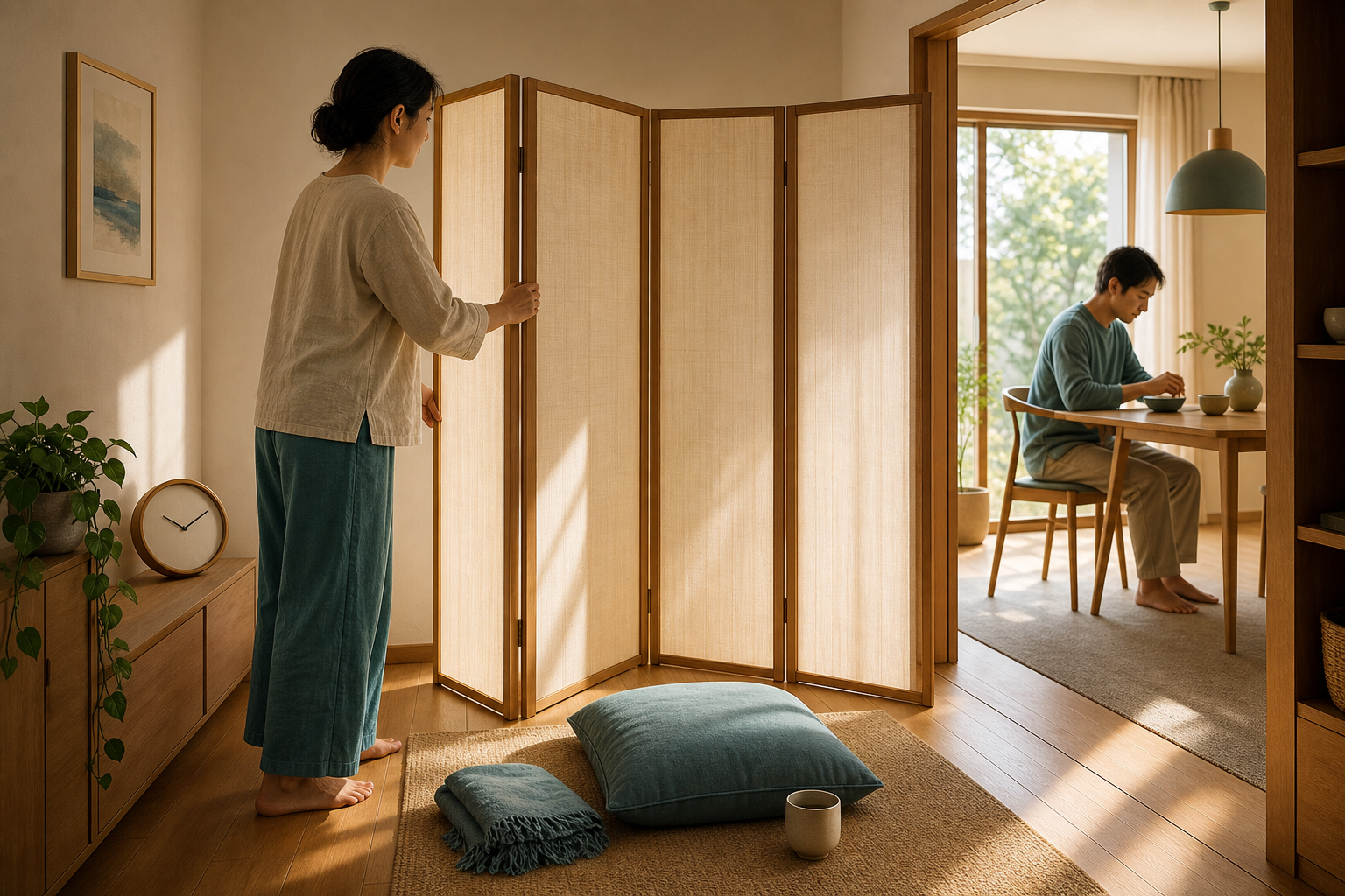 An adult arranges a folding screen around a cushion and shawl while another person sits at a table elsewhere in the home.