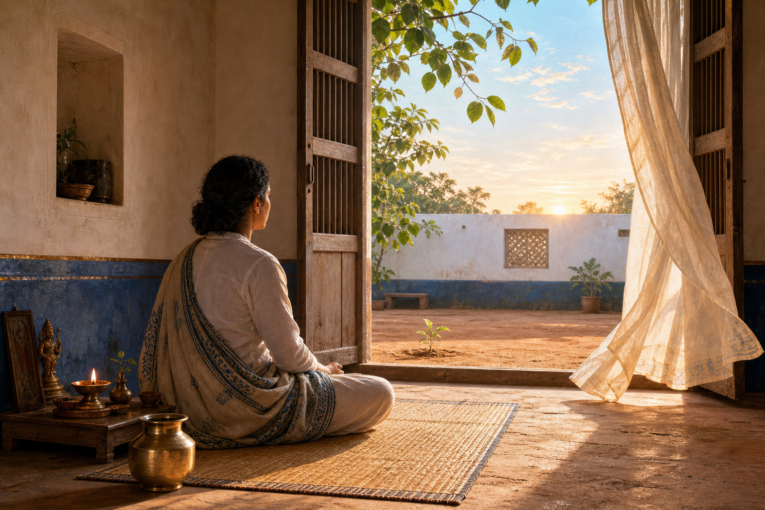 A seated practitioner at dawn with earthen ground, a water vessel, an oil lamp, a breeze-blown curtain, and open sky around a home courtyard.