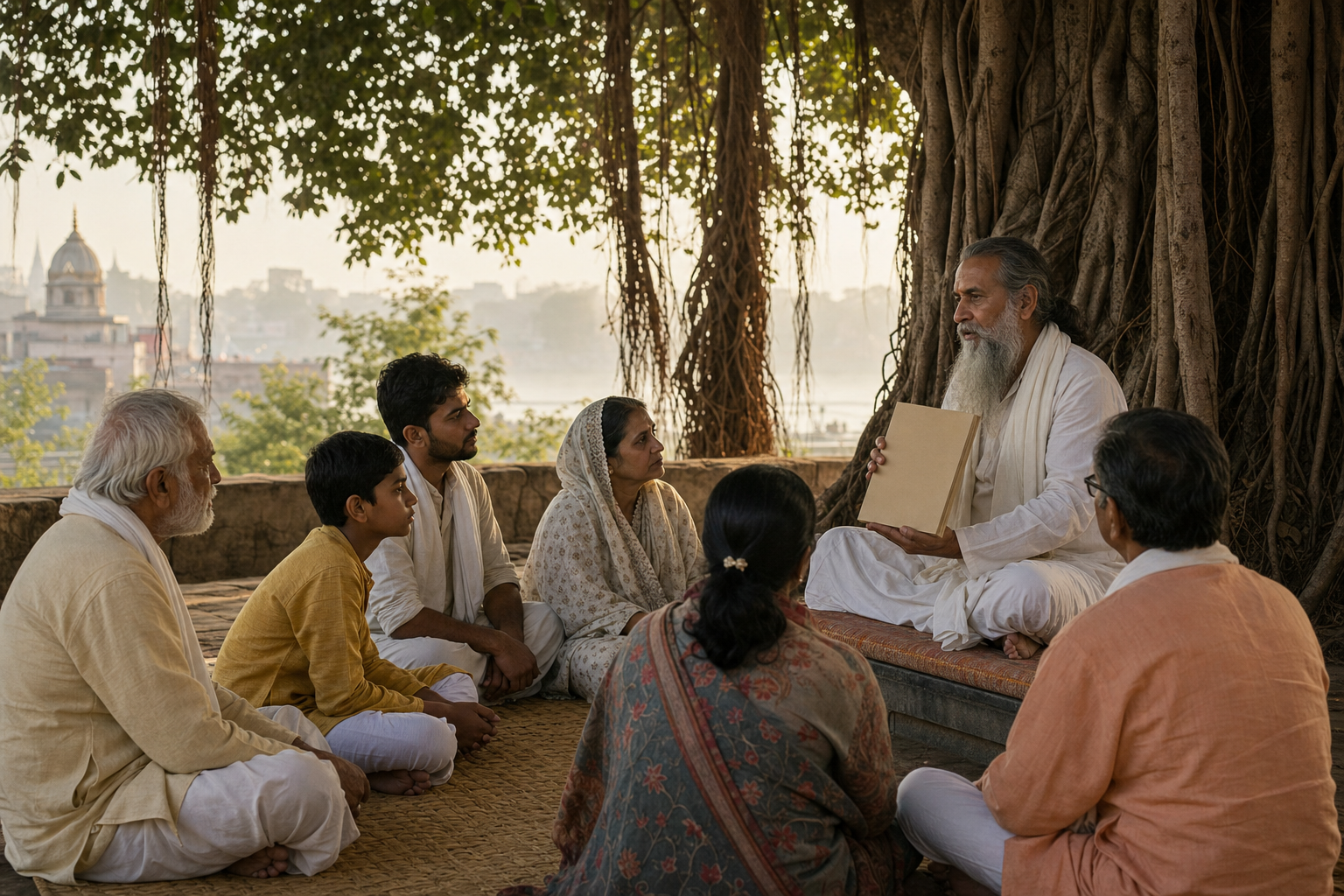 Pilgrims sit beneath a large banyan tree in Shukratal and listen to a teacher holding a scripture at dawn.