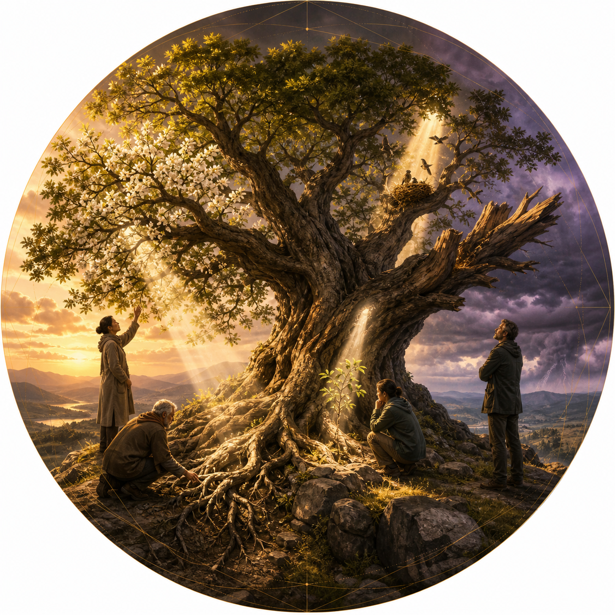 Several people observe different sides of one ancient tree, including its flowers, roots, nests, damaged branches, and new growth.