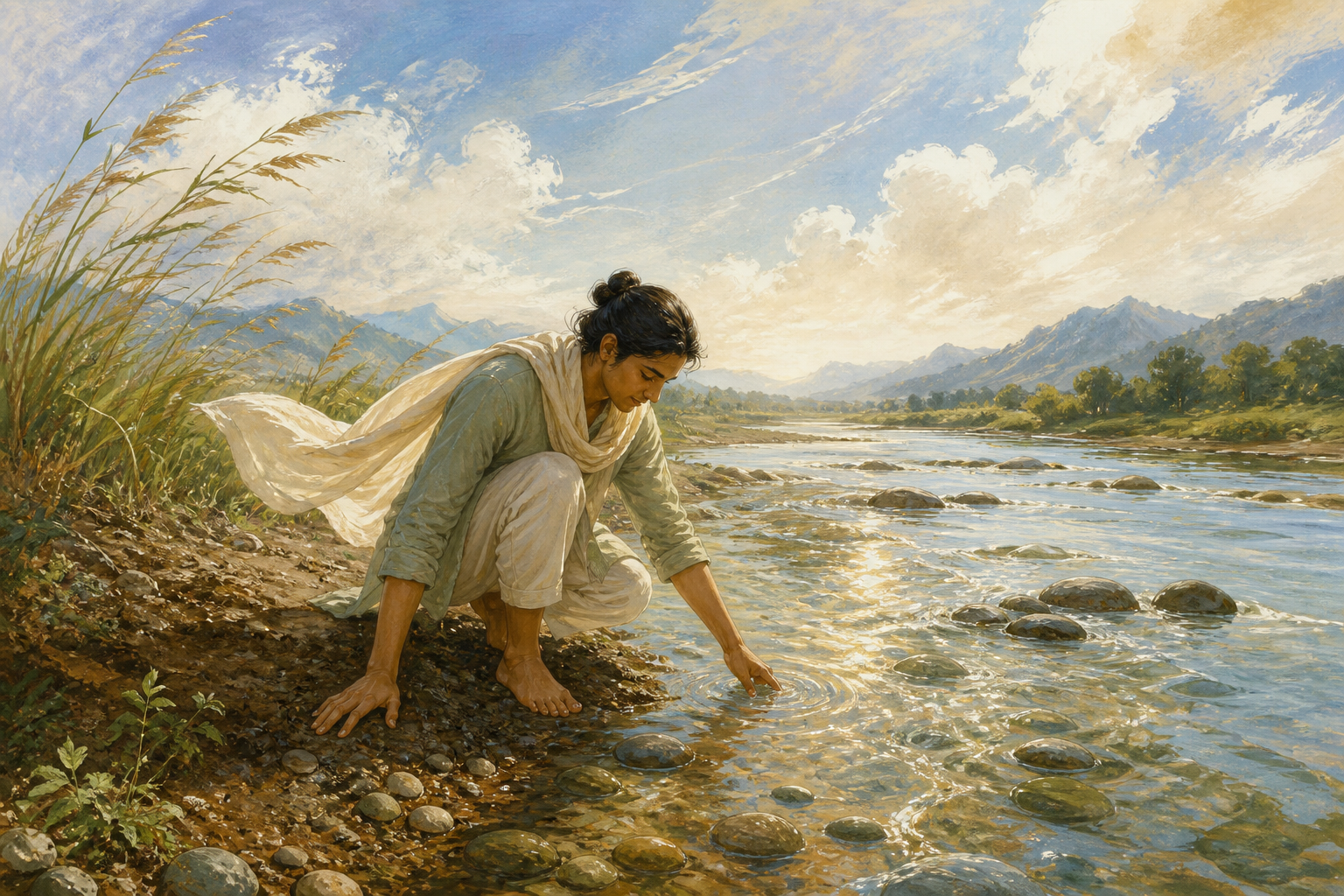 A barefoot figure touches soil beside flowing water as sunlight glows, grasses bend in the wind, and a wide sky opens overhead.