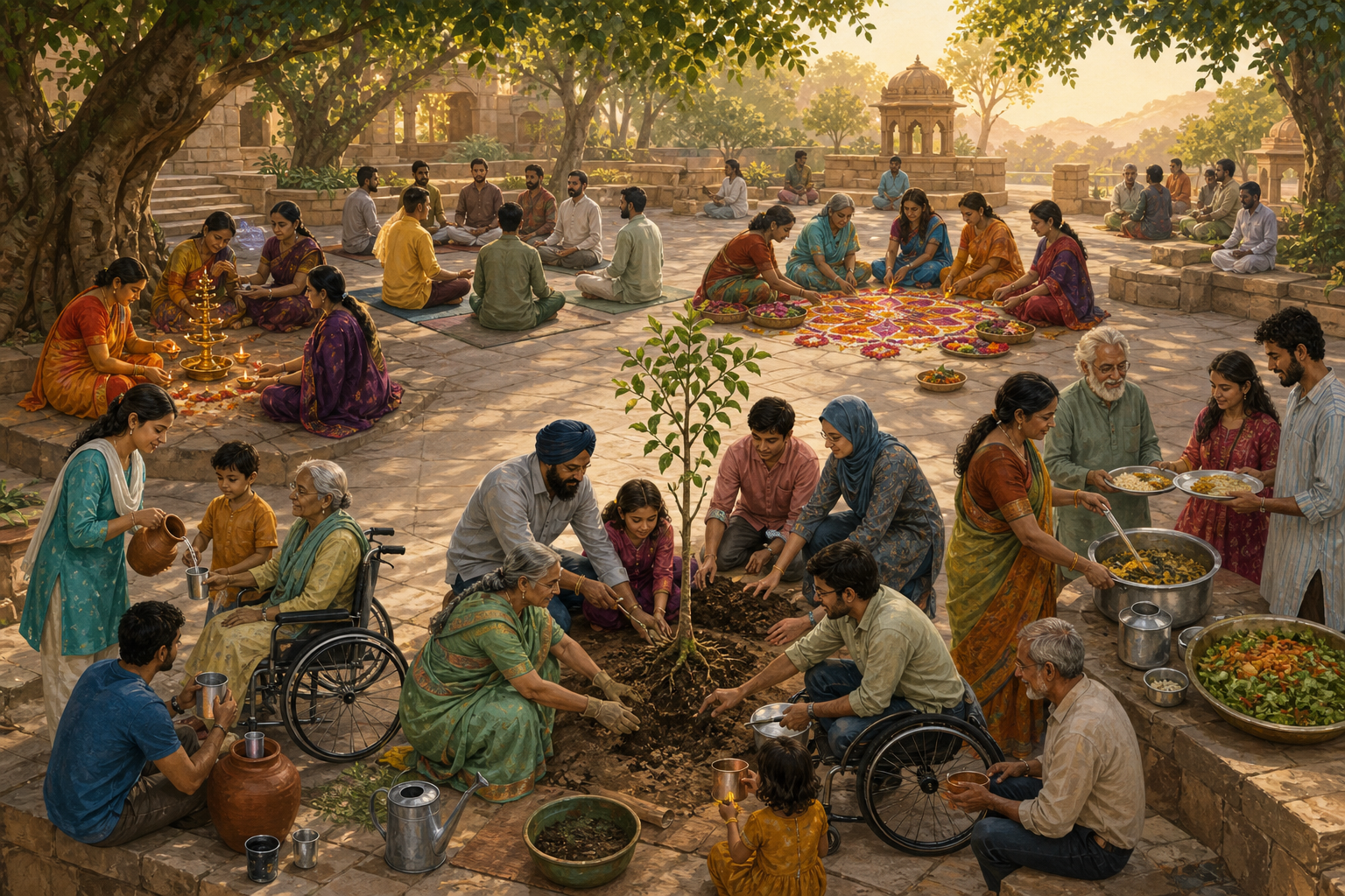 Groups with different spiritual practices gather in separate parts of a courtyard and cooperate to serve food, distribute water and plant a sapling.