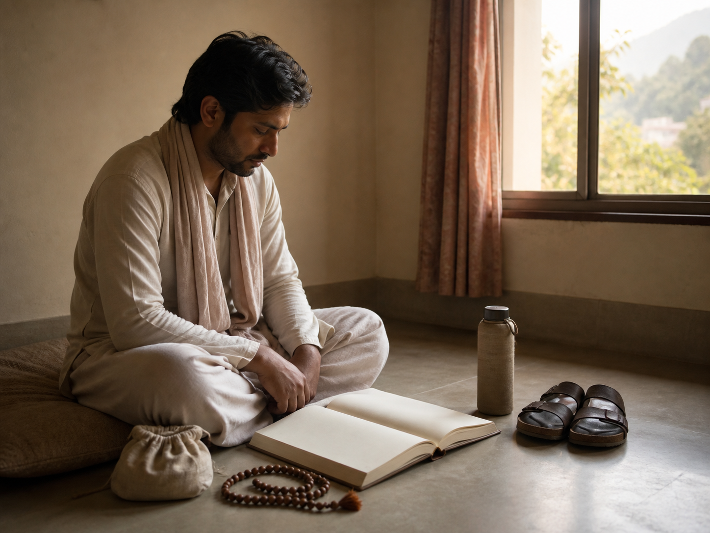 A traveler sits quietly beside an open book, prayer beads, a cloth bag, and sandals in a simple room.