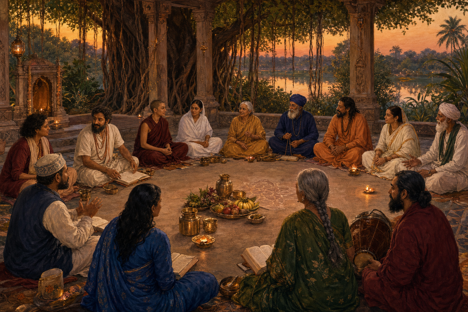 Practitioners with varied clothing, postures, and ritual objects sit in a circle beneath a banyan tree and share water, fruit, and conversation.