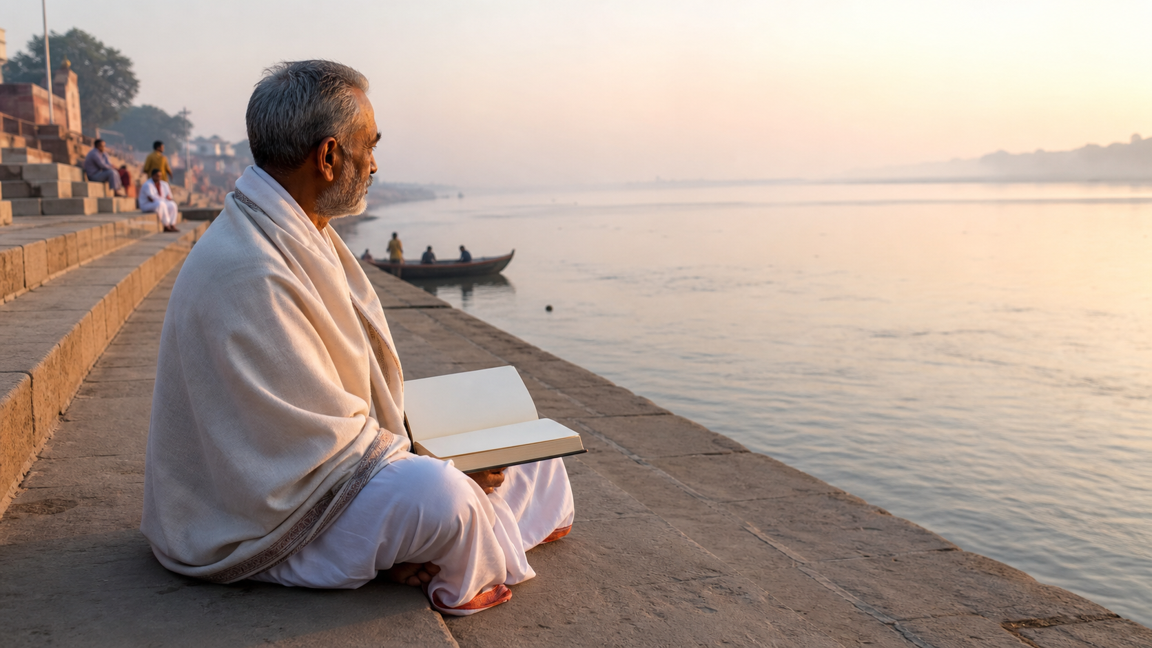 A pilgrim sits with an open book on stone steps beside the Ganga as a small boat passes in the distance.