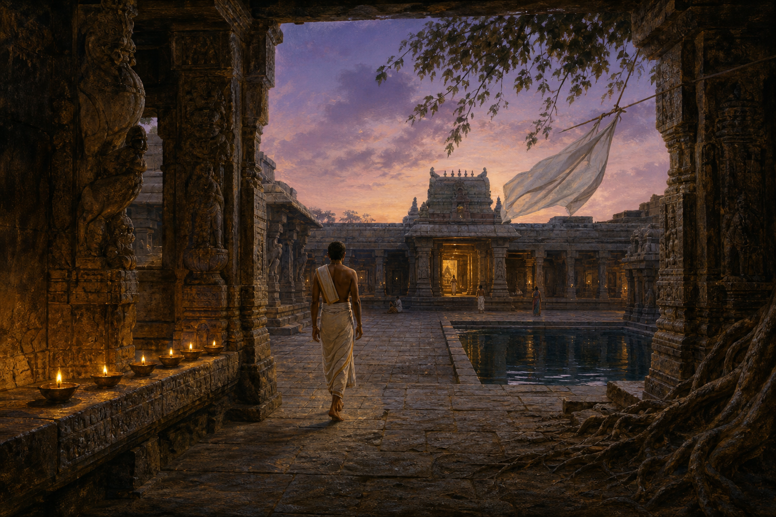 A barefoot pilgrim crosses a granite temple corridor past a reflecting tank and oil lamps toward an open courtyard beneath the twilight sky.
