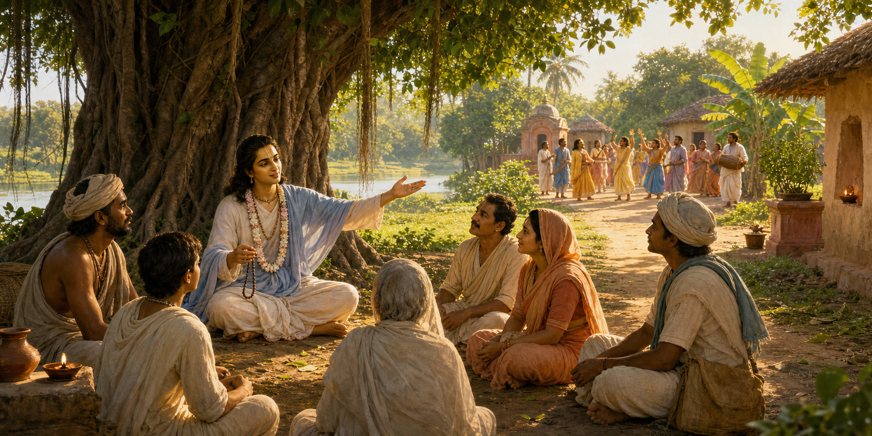 Nityananda Prabhu teaches prayer beads to a varied group of seekers beneath a banyan tree as a kirtana gathers nearby.