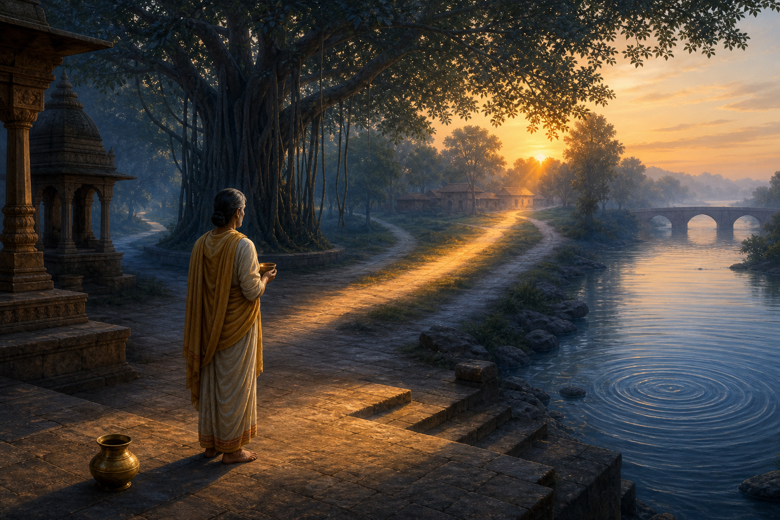 A seeker holding a clay lamp stands at sunrise where several paths diverge beside a river and banyan tree.