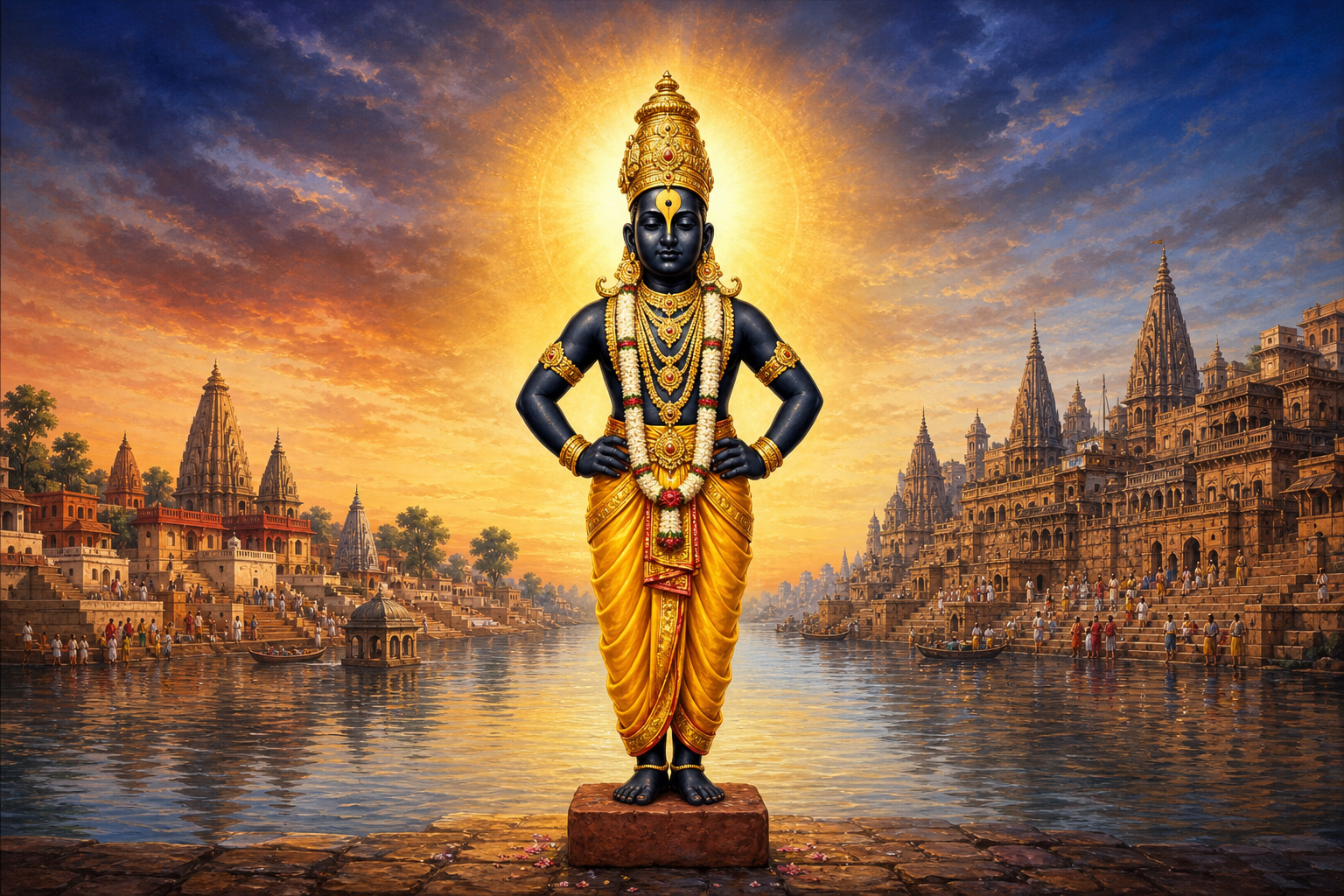 Bhagavan Vitthal stands on a brick between two distinct sacred river landscapes, joined by a luminous halo beneath a dawn sky.