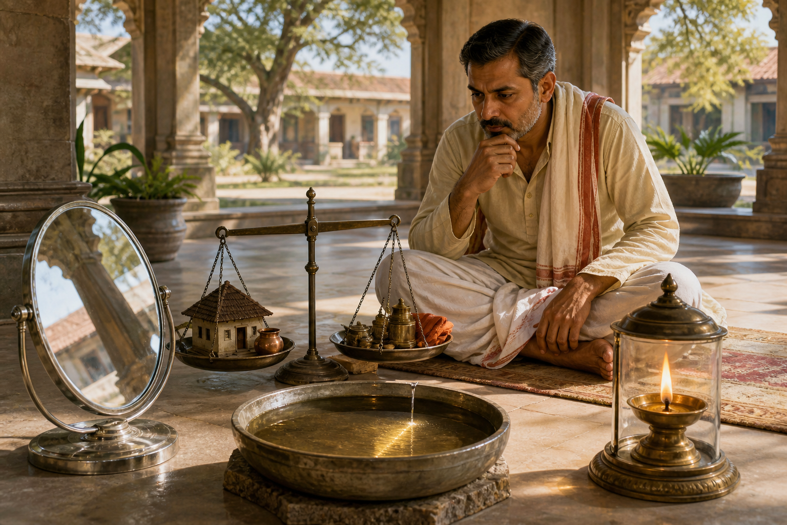 A householder in a stone pavilion considers a mirror, a balance, a water-clock bowl, and a protected oil lamp.
