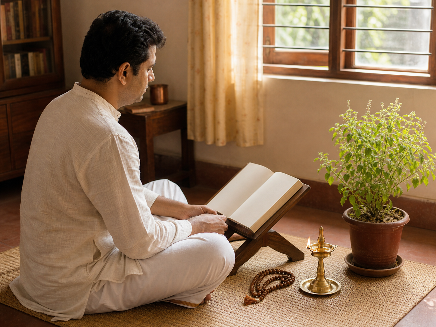 A person reads an open scripture on a low stand at home beside a brass lamp, prayer beads, and a tulsi plant.