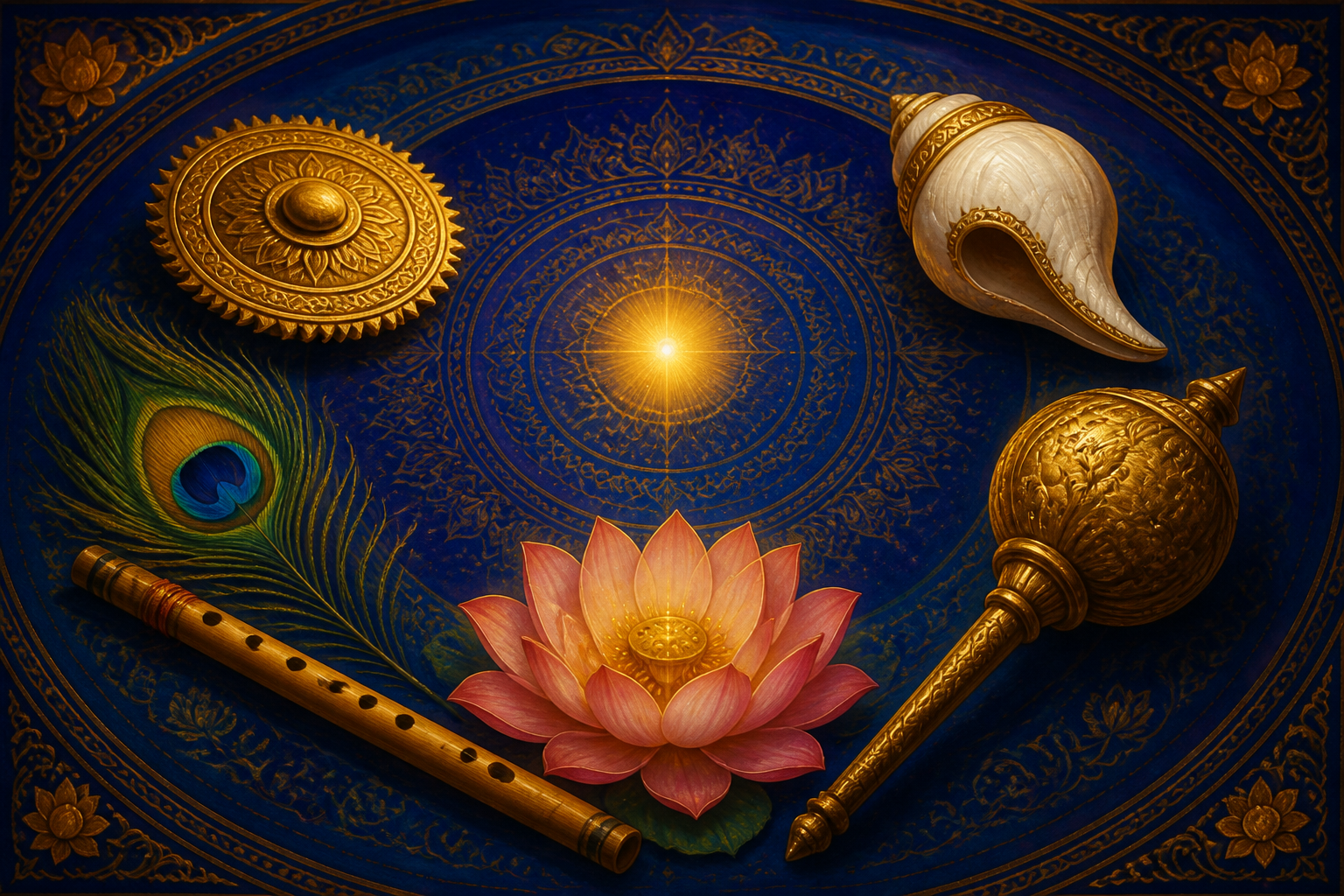 A golden point of light is surrounded by a conch, discus, lotus, mace, flute, and peacock feather on a deep blue sacred design.