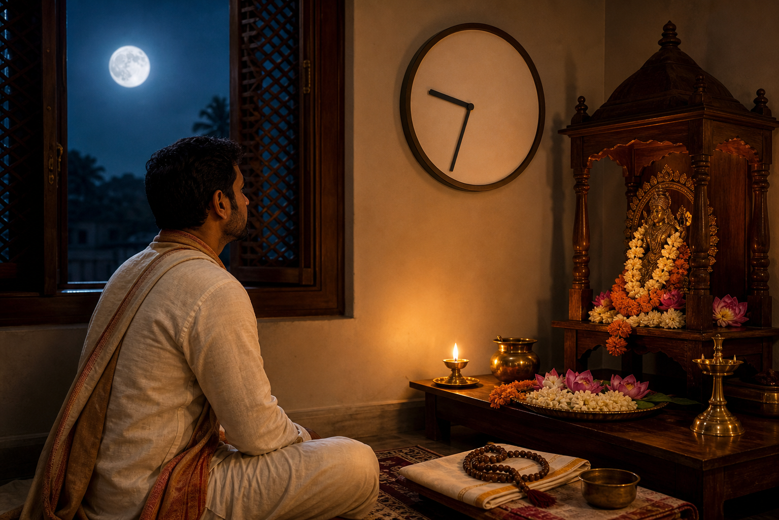 A devotee waits beside a prepared home altar while a numberless wall clock shows about 9:33 and a bright moon is visible through the window.