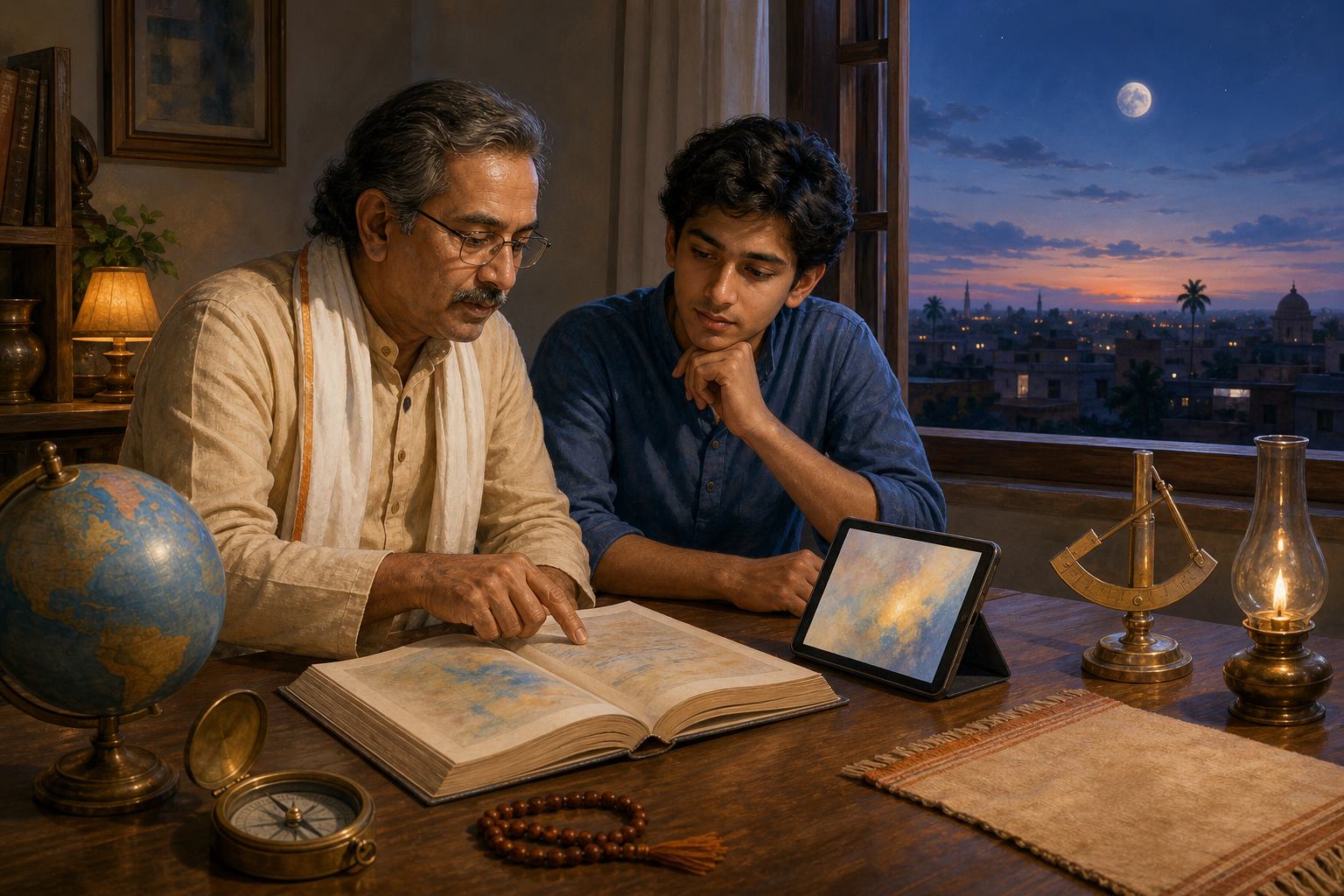 Two people compare an open almanac and an unbranded digital device beside a compass and globe while the evening moon rises beyond a window.