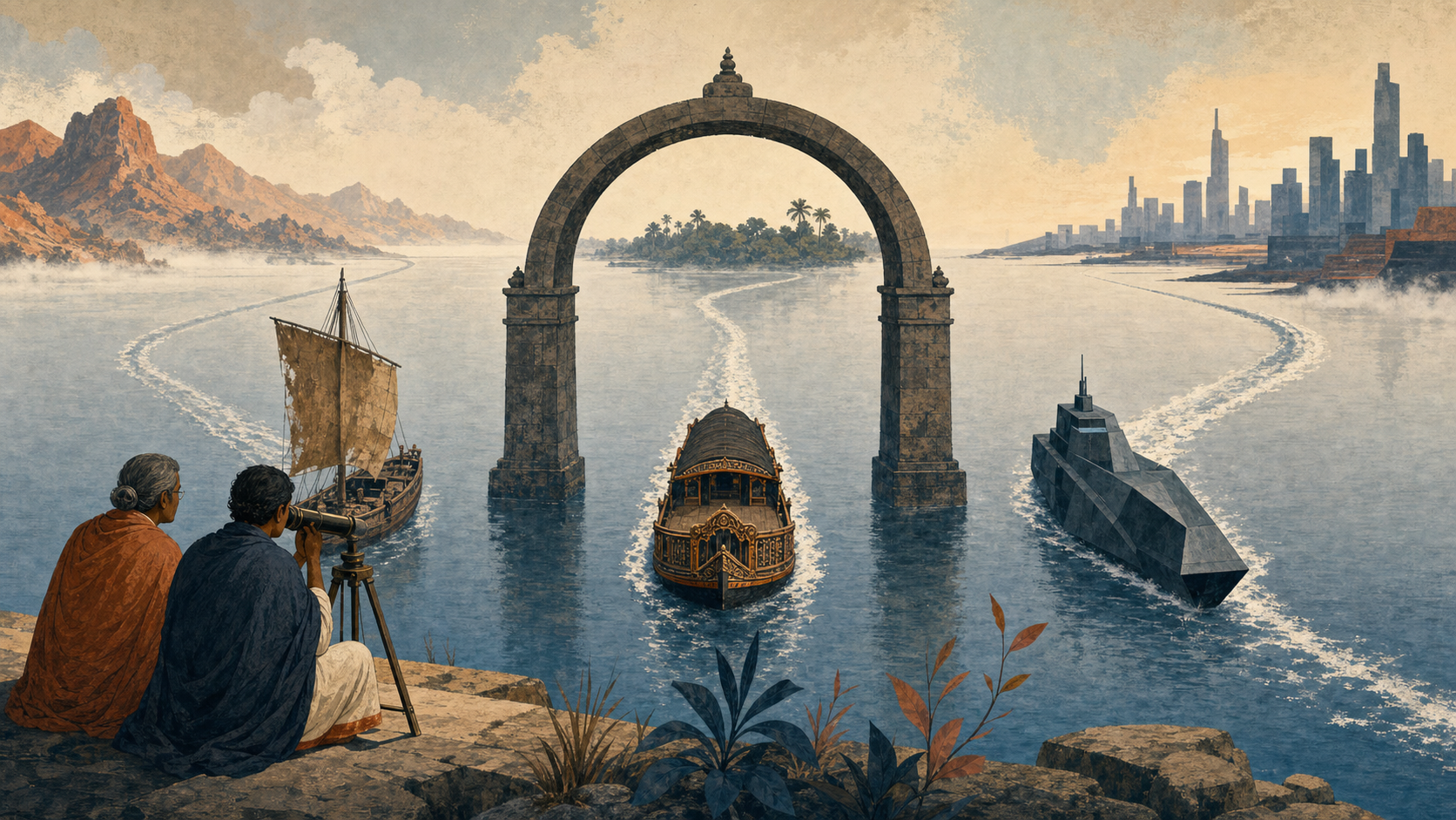 Three different vessels pass through one stone inspection arch and continue along separate wakes while two scholars observe from shore.