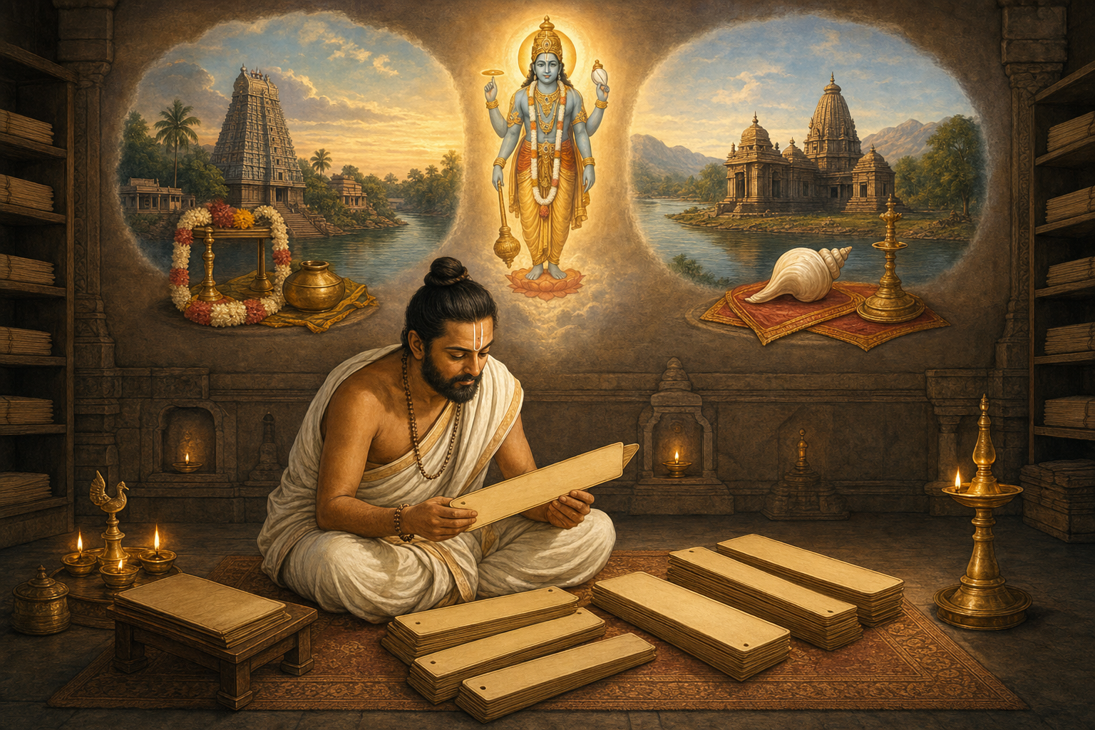 A scholar-devotee studies blank palm-leaf manuscripts beside symbolic images of one divine figure, two river cities, and distinct ritual objects.