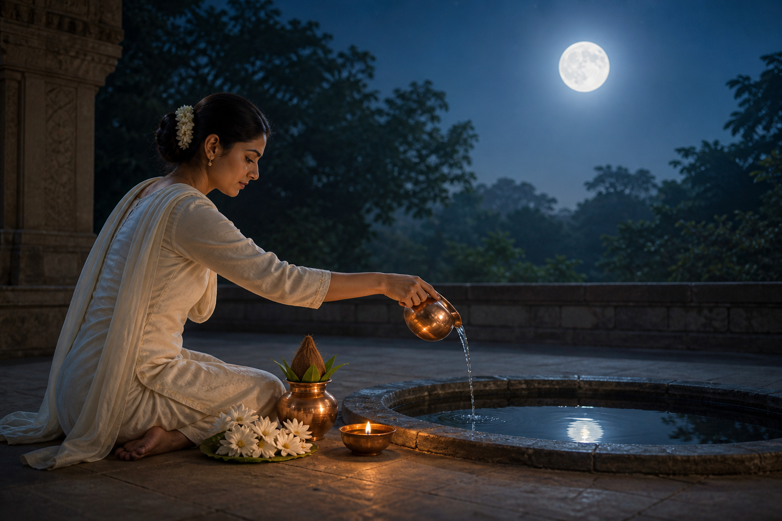 A devotee offers water beside a glowing oil lamp, white flowers, and a kalasha in a quiet courtyard under the full moon.