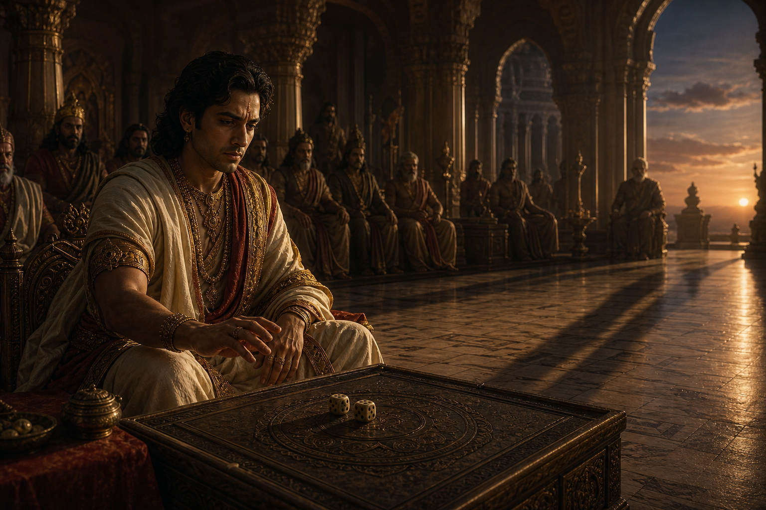 Yudhishthira hesitates with his hand above dice while courtiers watch and daylight fades in an ancient assembly hall.