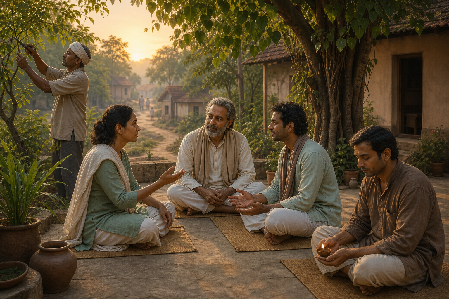 A teacher and three adult students practice listening and reflection in an ashram courtyard while a gardener prunes a nearby tree.