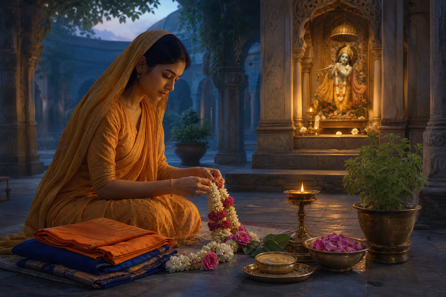 A devotee arranges a flower garland, cloth, lamp, and rose petals before a softly lit Krishna altar at dawn.