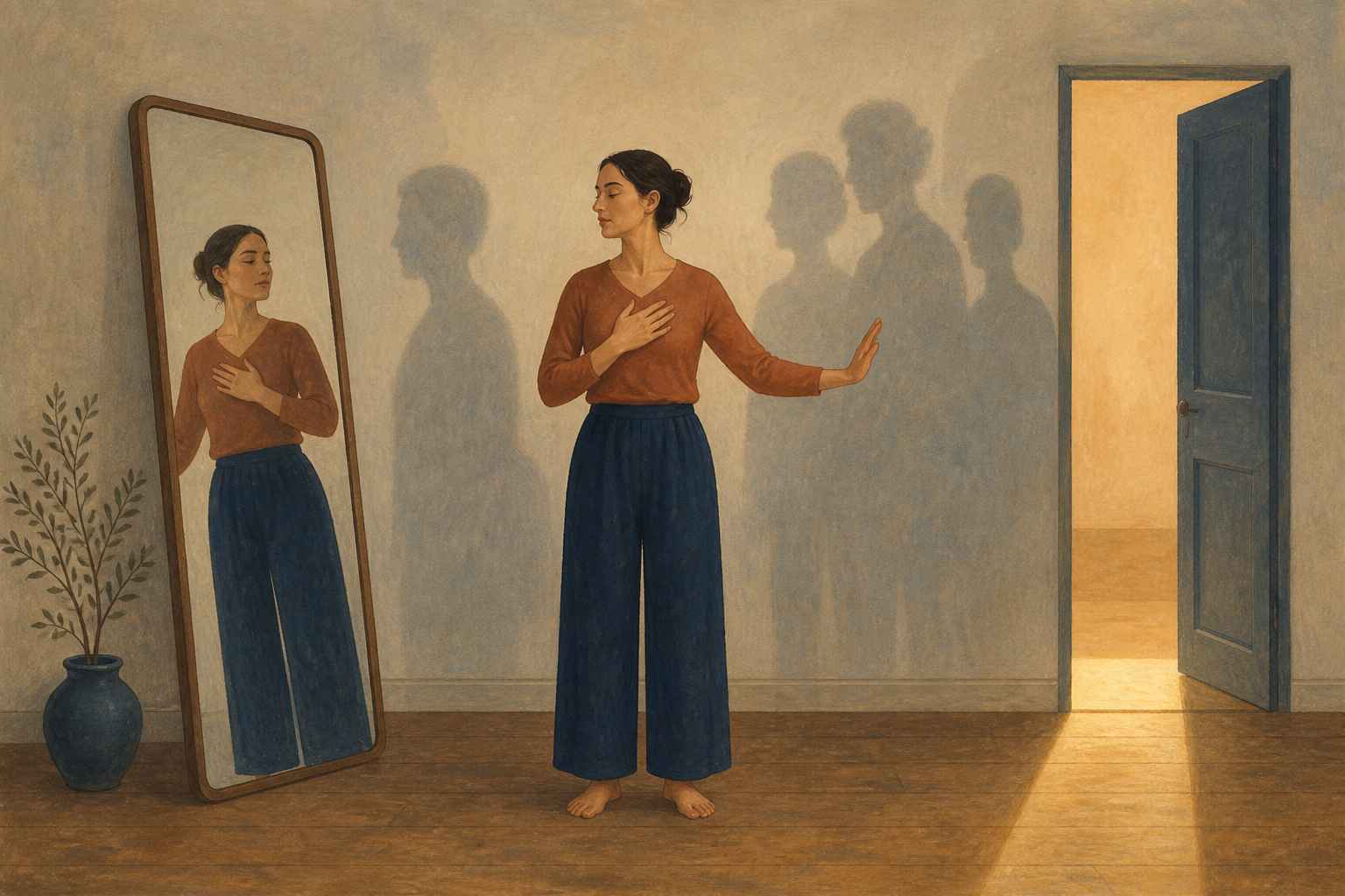 An adult stands between a mirror and an open doorway as overlapping shadows fall on the wall behind them and sunlight marks a threshold on the floor.