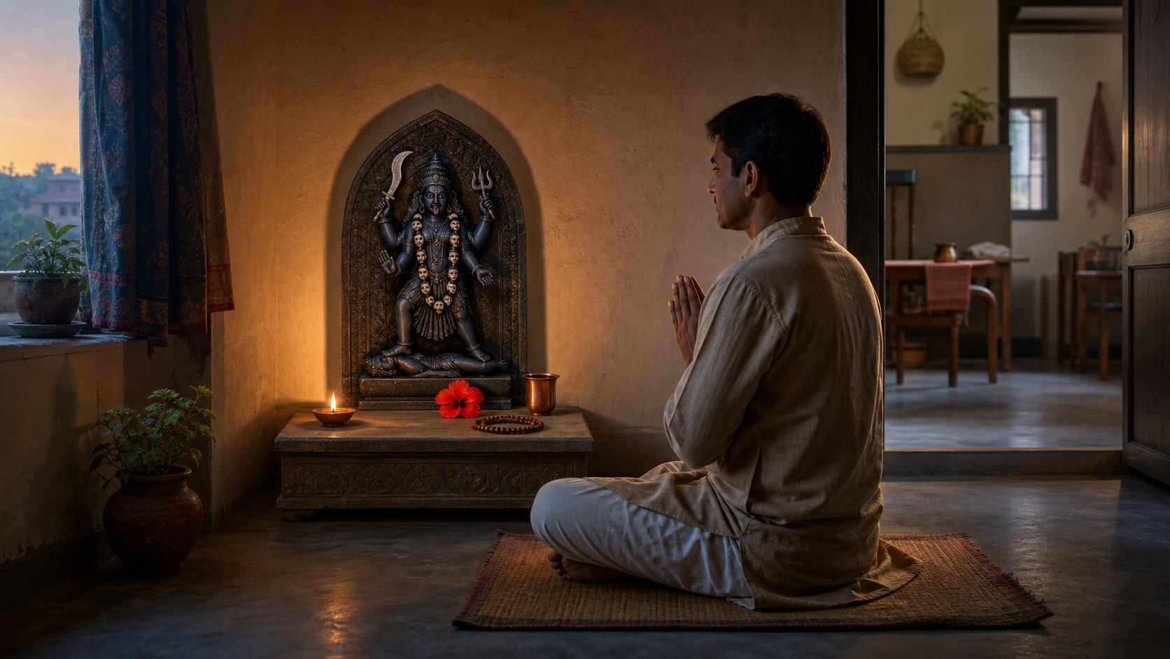 A practitioner sits before a simple home shrine containing a small blue-black image of Kali, an oil lamp, a red hibiscus, prayer beads, and a copper cup.