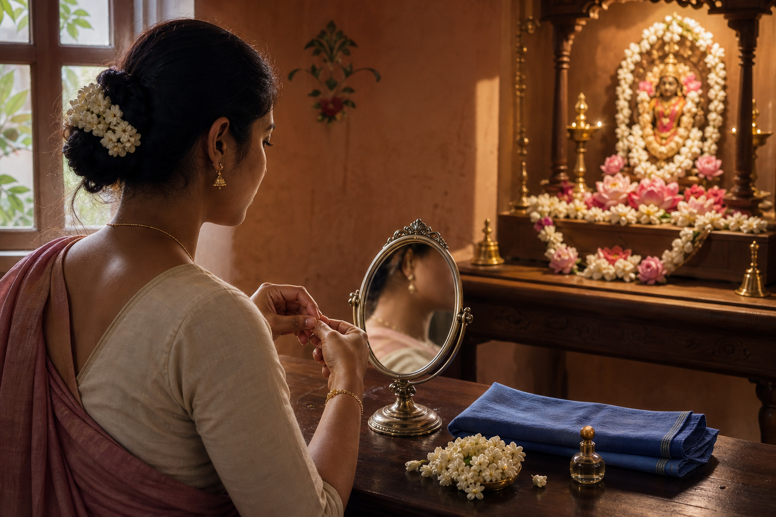 A devotee puts on a simple bracelet while looking beyond a small mirror toward a flower-decorated household shrine.