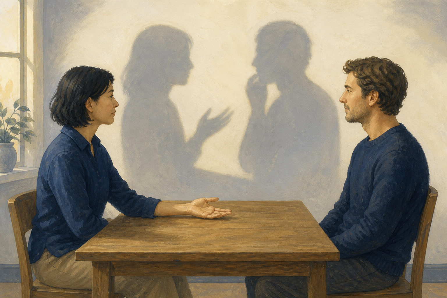 Two adults sit across a wooden table while their enlarged, hazy shadows overlap on the wall behind them.