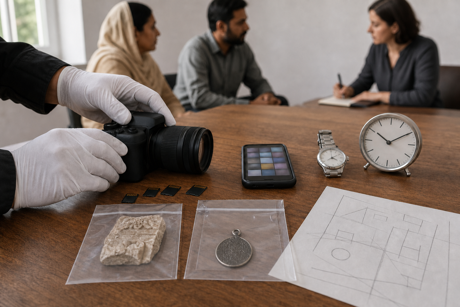 Gloved hands organize a camera, memory cards, evidence sleeves, a phone, a clock, and an unlabeled location sketch while witnesses speak in the background.