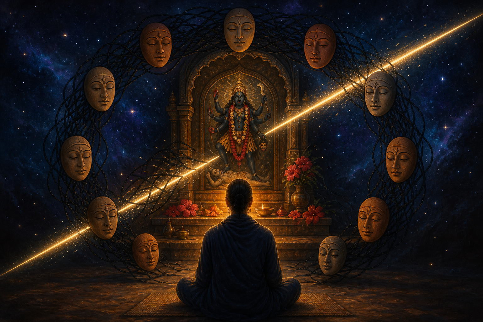 A meditating devotee faces a lamp-lit image of Kali while a beam crosses a knot of thread and a circle of clay masks appears against an indigo background.