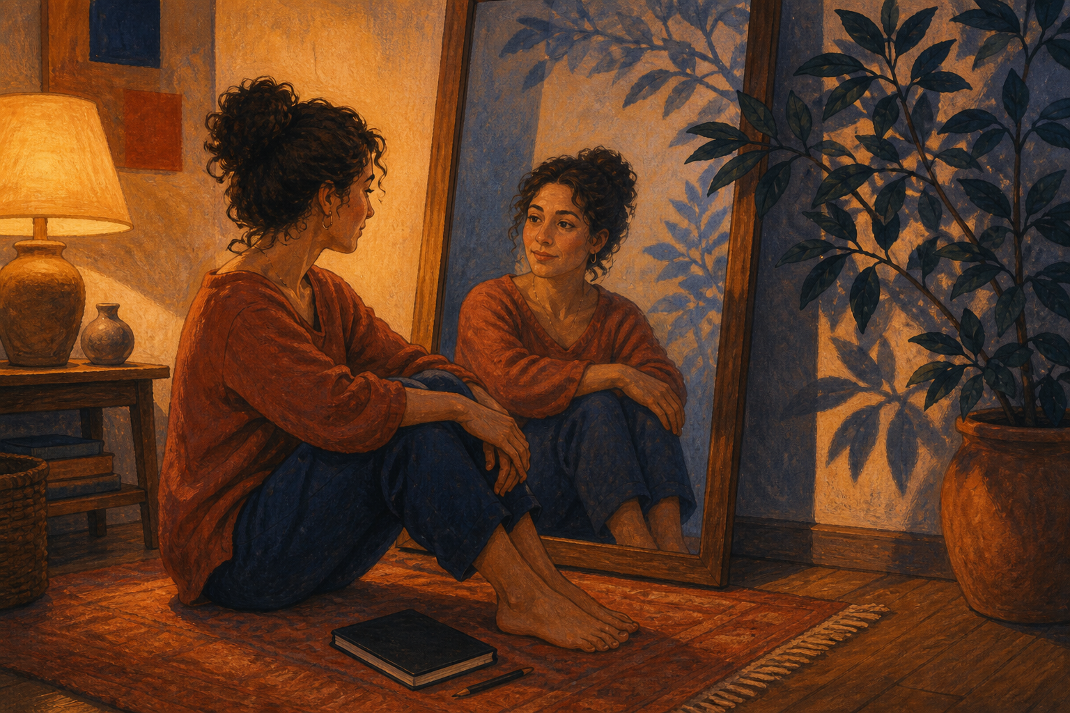 An adult calmly faces a mirror in a lamplit room while a houseplant casts a branching shadow across the wall and mirror.