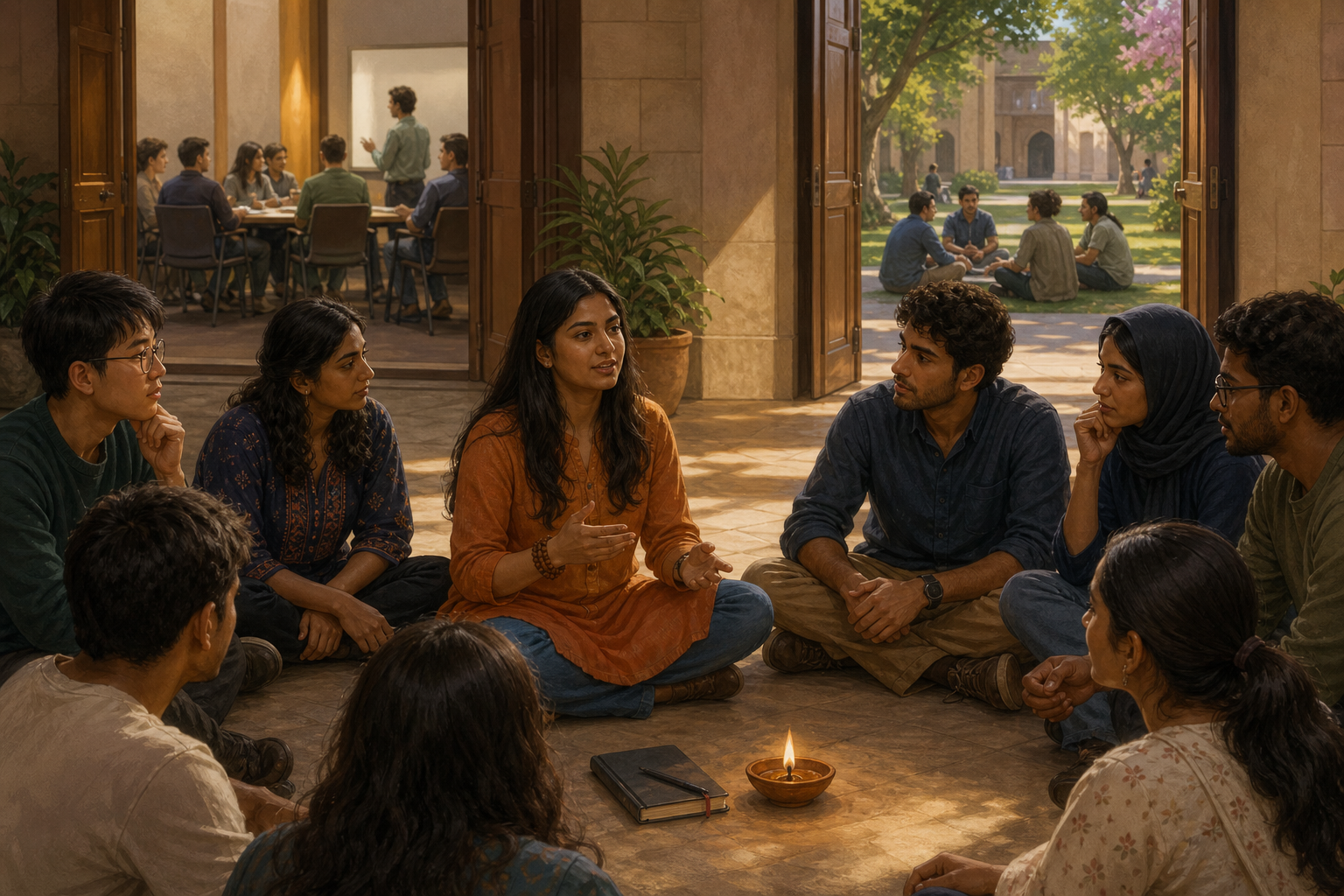 A diverse group of university students listens as a Hindu student speaks during a calm campus discussion, with a diya and notebook nearby.