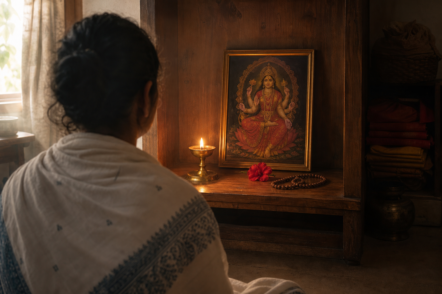 A devotee sits before one centrally placed image of Devi with a lamp, a flower, and prayer beads, while unused ritual items remain in shadow at the side.