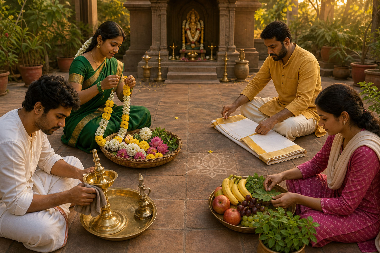 Four devotees string flowers, polish lamps, fold altar cloth, and arrange fruit together in a temple courtyard.